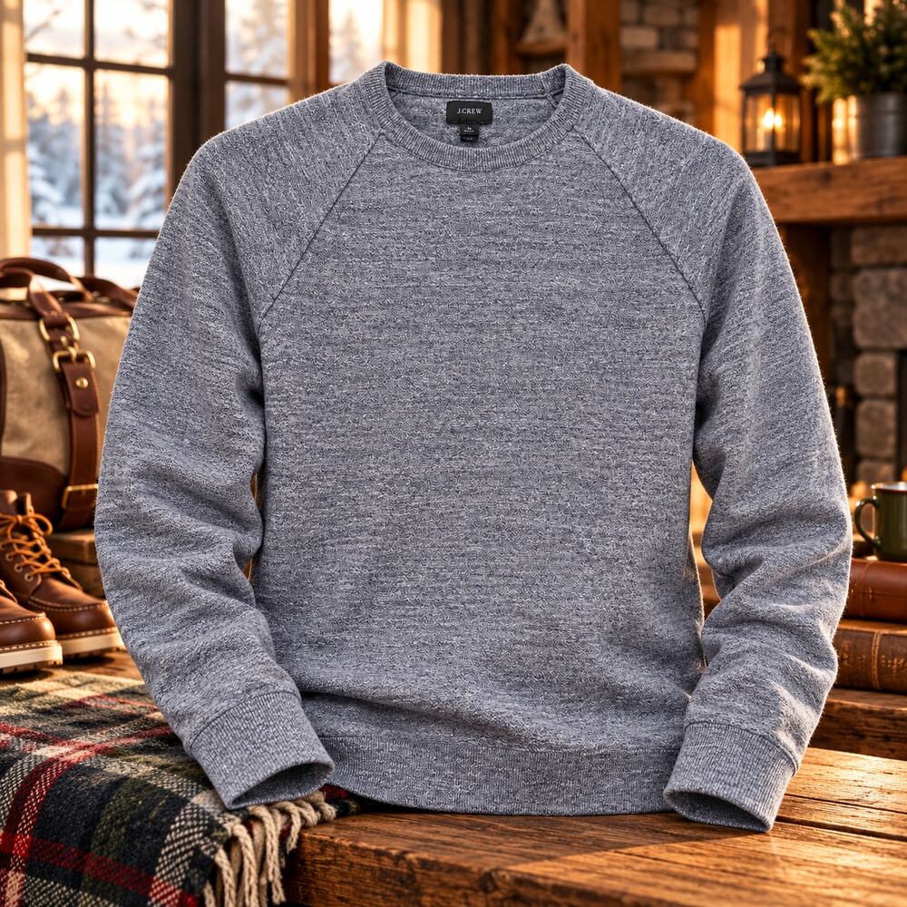 J Crew Sweater Mens Large Gray 100% Cotton Crewneck Raglan Sleeve Pullover